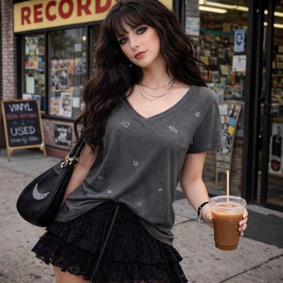 Sundry Tops - Anthro Sundry Gray V-Neck Tee Medium Whimsigoth Grunge Y2K Reformation vibe